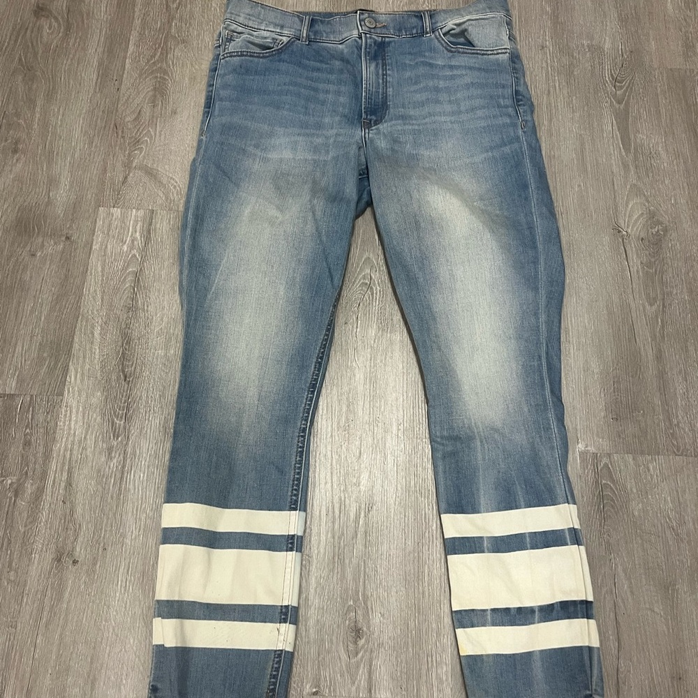 Express Blue Straight Leg Jeans with White Stripes